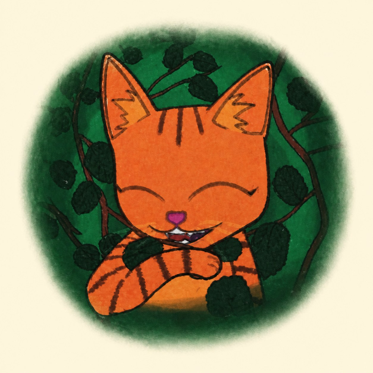 Nip-N-Go orange tabby mascot surrounded by green catnip vines