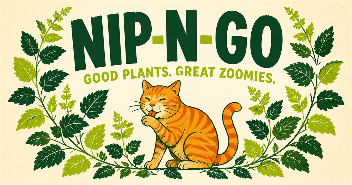 Nip-N-Go launch art with an orange tabby among catnip leaves and the words Good Plants. Great Zoomies.