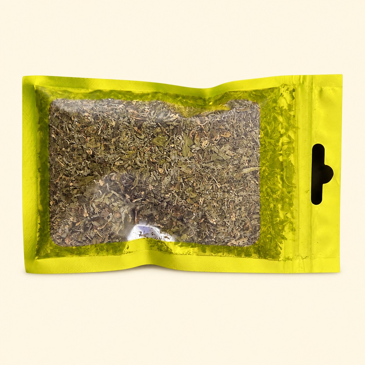 A 14 gram pouch of loose dried catnip